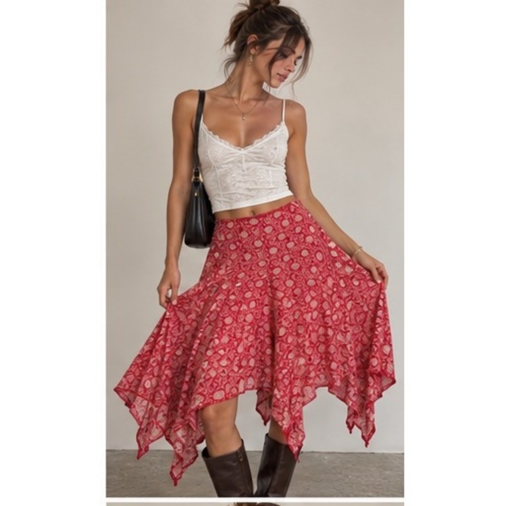 Y2K Western Red Floral Handkerchief Hem Midi Skirt Boho Asymmetrical Stretch M
